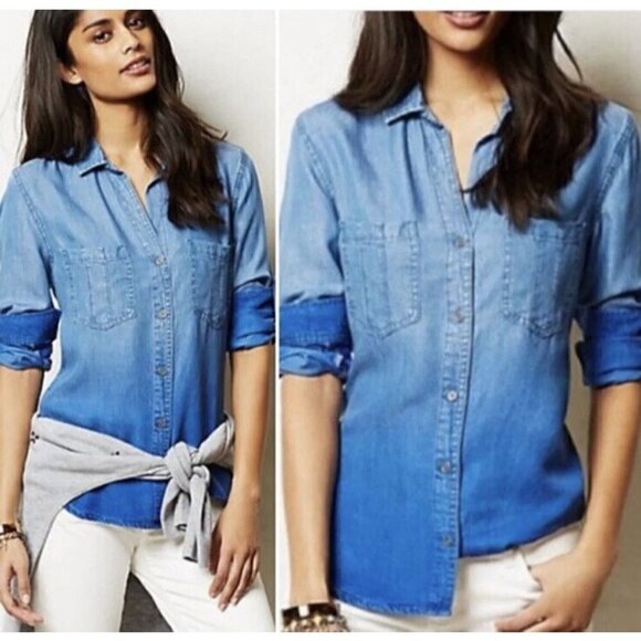 Cloth & Stone Anthropologie Ombre Button Front Shirt Tencel Denim Chambray Sz S - Picture 1 of 11